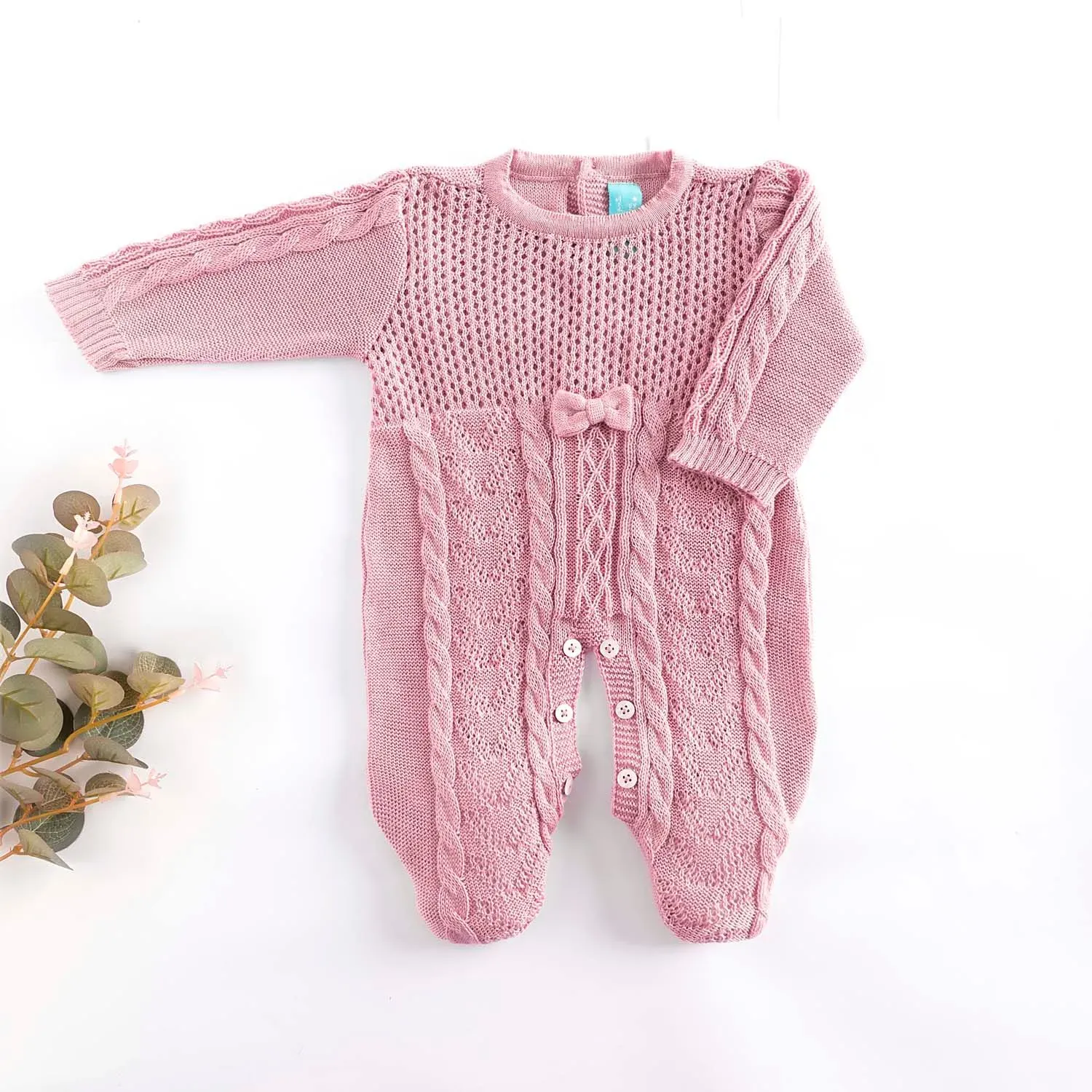 Macacão Tricot Lacinho e Trança Rosa P