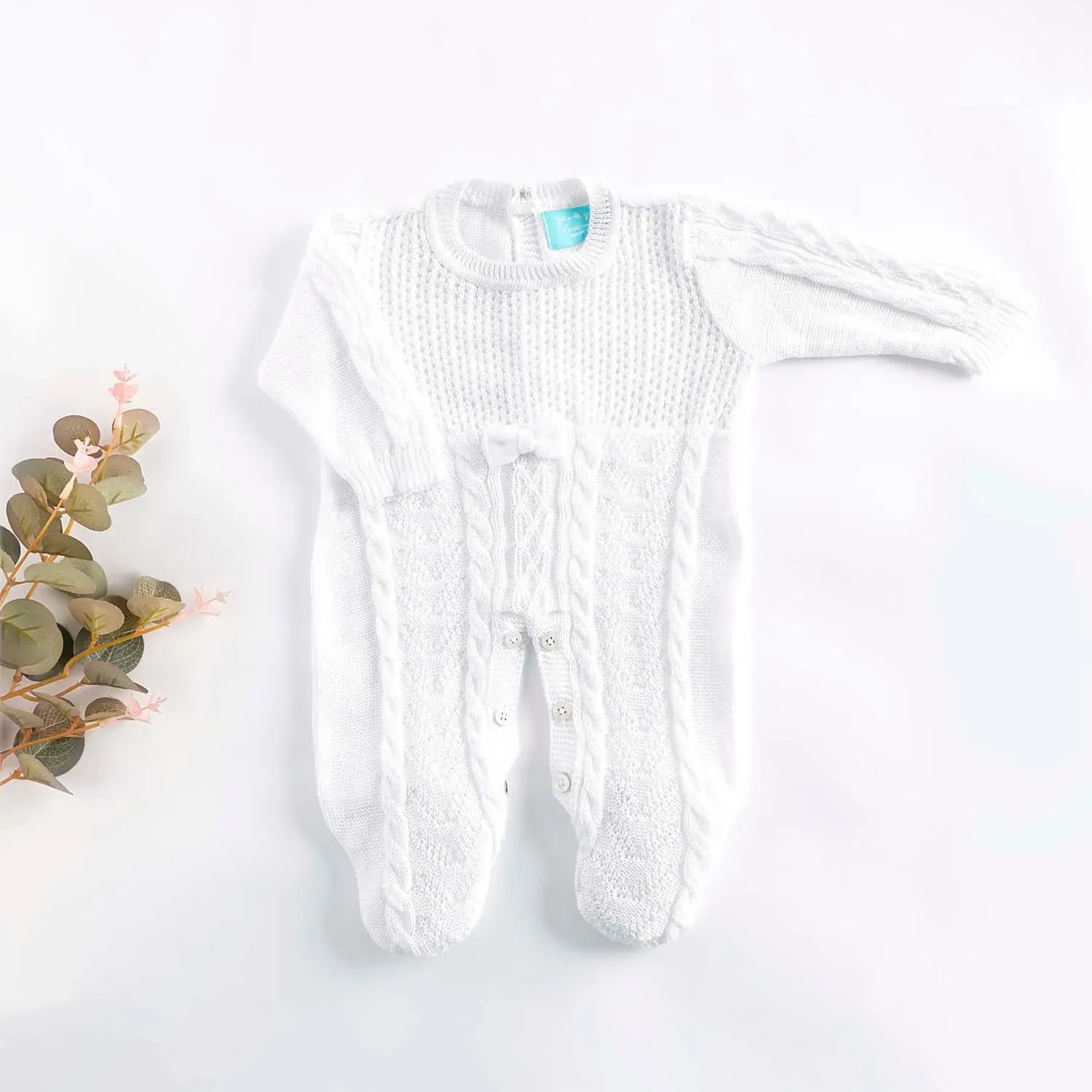 Macacão Tricot Trança Laço Branco PP